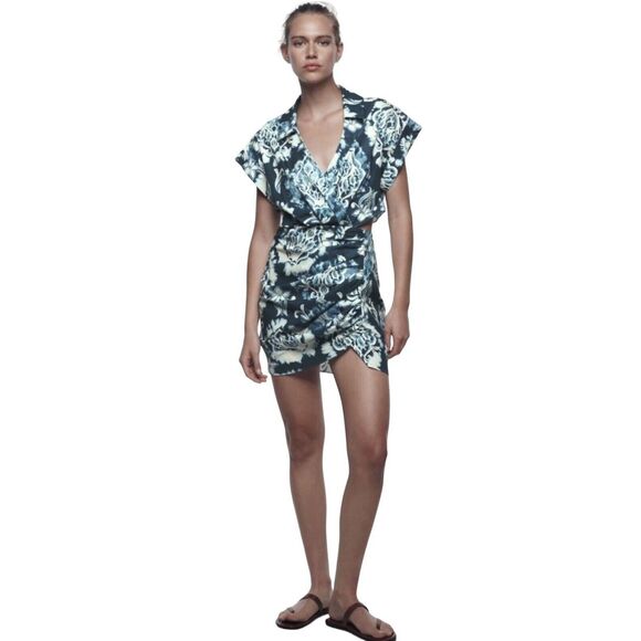 Zara Dress Women Small Blue Printed Mini Cut Out Back Resort Vacation Tribal NEW - Picture 2 of 16
